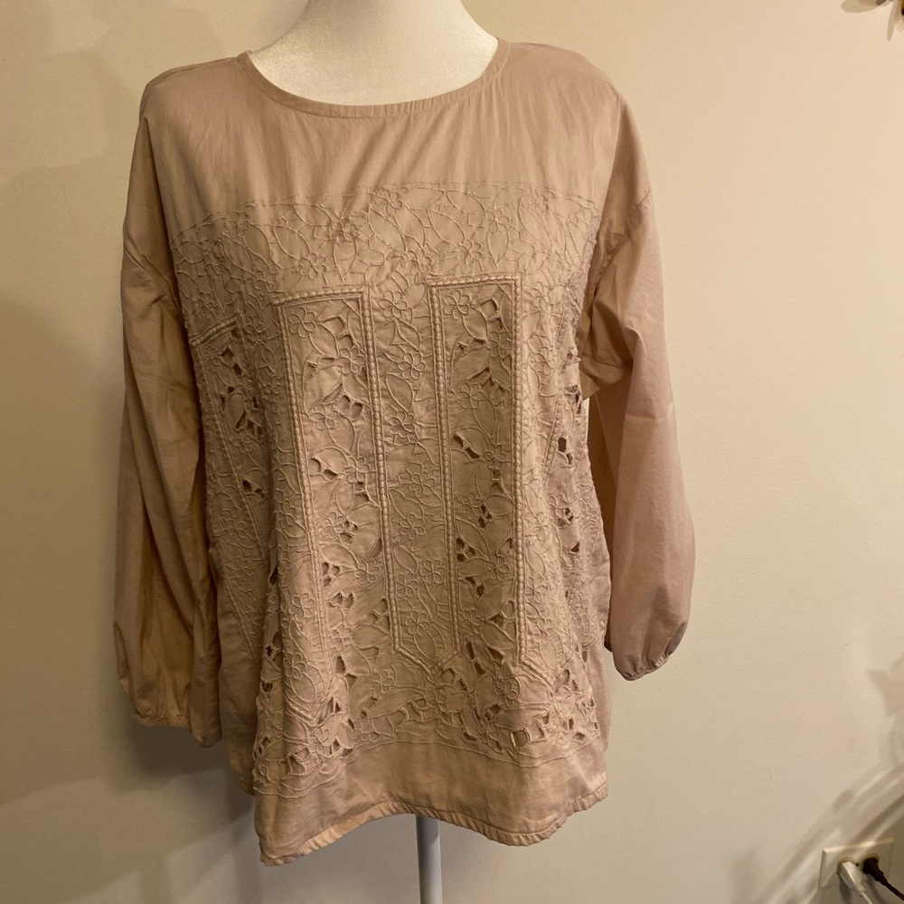 J Crew Elegant Lace Detail Blush Cotton Top with 3/4 sleeves size 10